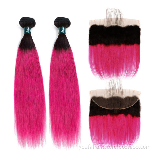 Wholesale Price 10A Peruvian Virgin Human Hair 1b/pink Ombre Color Hair 3 Bundles with Lace Closure Remy Straight Hair Extension